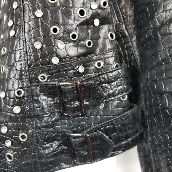 Pamela McCoy Croc Embossed Rhinestone Studded Black Leather Moto Jacket Size XS - Picture 5 of 11